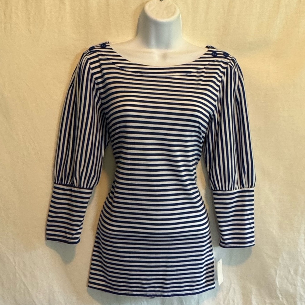 F-25 JohnPaulRichard NWT Blue & White Stripe 3/4 Sleeve Pullover Blouse Size M‎